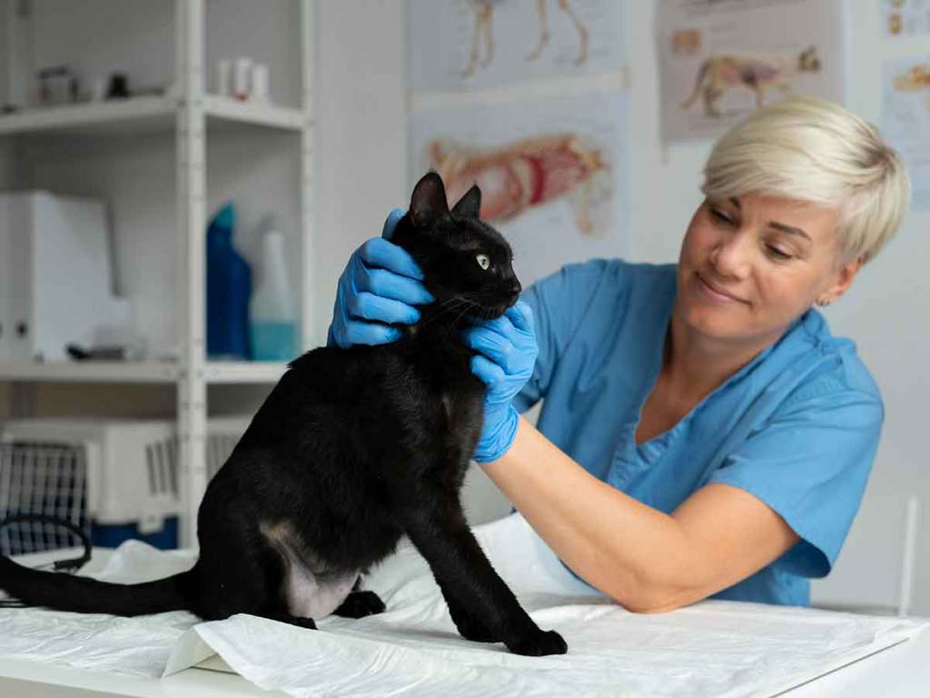 Black cat sitting on a table receiving a check up from a vet.
