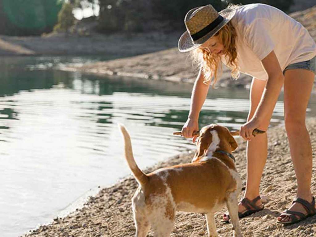 Woman in hat gives dog a stick to play with